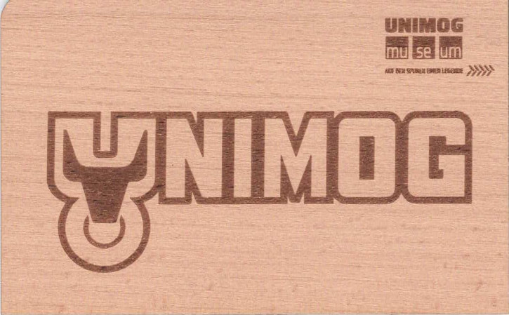 Holzpostkarte Unimog-Ochsenkopf-Logo