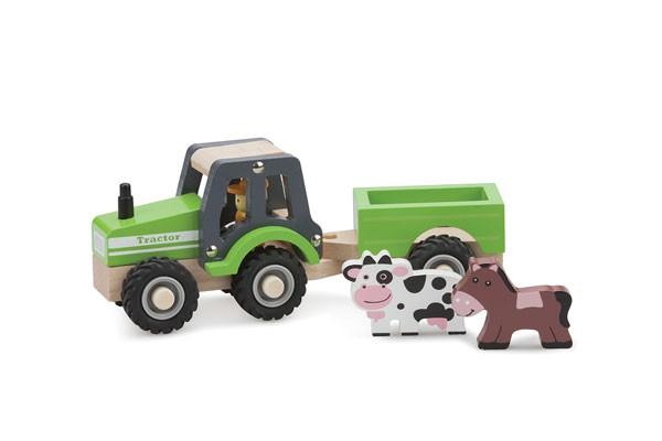 Holzspielzeug Traktor mit Anhänger und Tieren