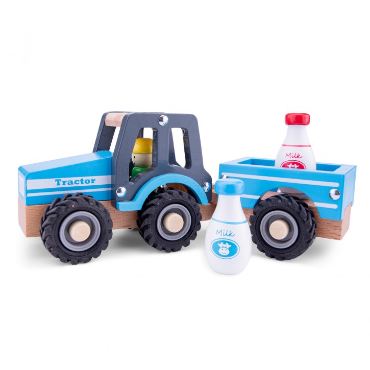 Holzspielzeug Traktor mit Anhänger und Milchkannen