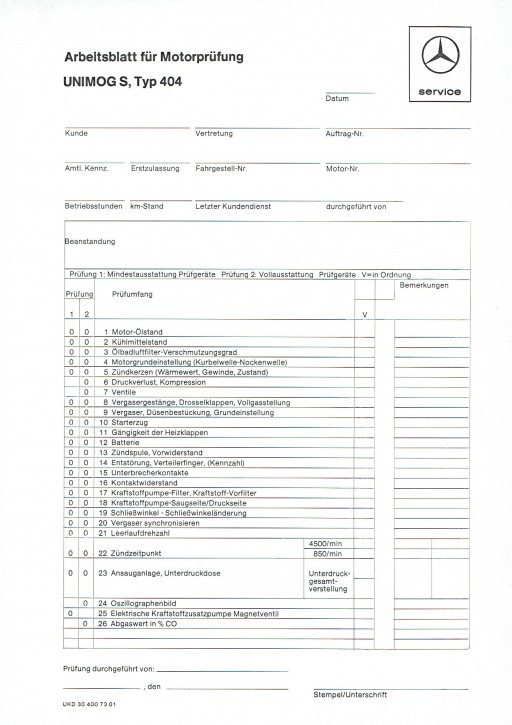 Arbeitsblatt für Motorprüfung Unimog S, Typ 404 - 30 400 73 01 Original - 364001008